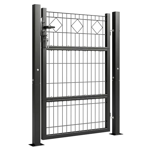 Outsunny Puerta de Jardín 100x131 cm, Puerta para Valla de Barra de Metal Galvanizado con Manilla, Cerradura, 3 Llaves y 2 Postes, para Entrada de Exterior, Terraza, Patio, Gris Oscuro