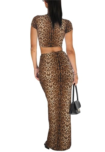 Image of Women 2 Piece Bodycon Maxi Skirt Set & Crop Top Summer Outfits | Soft Stretchy Fabric, Slim Fit, Short Sleeve, High Waist, Casual Lounge Matching Sets, Dressy Vacation Outfit, Date Night