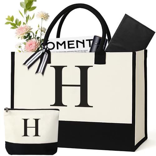GENGBIN Personalized Canvas Tote Bag, Monogrammed Gift with Zipper Pouch for Women (H - with Cardboard Insert)