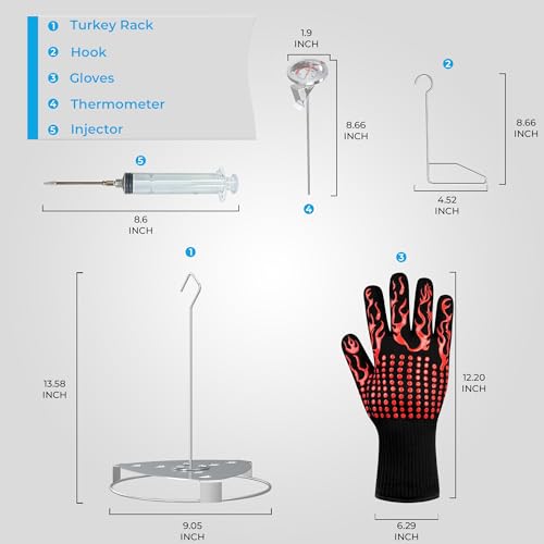 Fire Riot Deluxe Stainless Steel Turkey Fryer Accessories Kit – Turkey Deep Fryer Stand with Lifting Hook, Thermometer, Injector, & Heat-Resistant BBQ Gloves for Outdoor Cooking