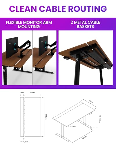 Image of Arozzi Arena Nordico Gamer Desk - 55x27.6 inch Electric Standing Table - PC Gaming Desk with Storage for Cables - Dual Cable Baskets, Split Tabletop, Monitor Arm Friendly - Dark Walnut