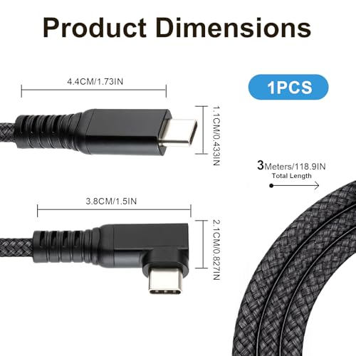 3Meters VR Streaming Link Cable for Oculus Quest, 90 Degree 60W 5Gbps VR Link Cable Nylon Braided USB-C to USB-C Fast Data Transfer Virtual Reality Charger for Oculus Meta Quest 3/2 Pro/Pico 4 SteamVR - Image 3