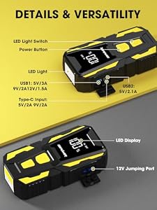 DBPOWER 5000A Jump Starter, 74Wh Car Battery Jump Starter for Up to 10.0L Gas and 8.0L Diesel Engine, 12V Portable Jump Box Battery Pack with Display, LED Light, Jumper Cables, and Storage Case — photo 6 of 6
