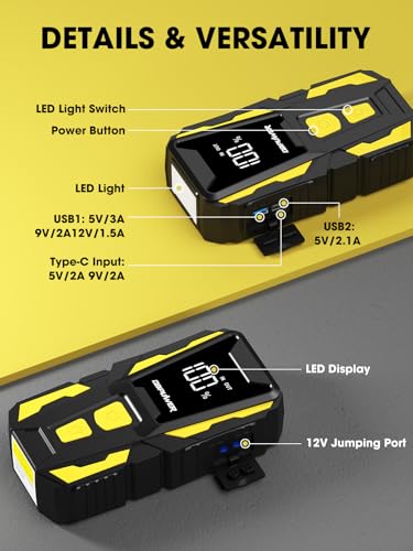 Image of DBPOWER 5000A Jump Starter, 74Wh Car Battery Jump Starter for Up to 10.0L Gas and 8.0L Diesel Engine, 12V Portable Jump Box Battery Pack with Display, LED Light, Jumper Cables, and Storage Case