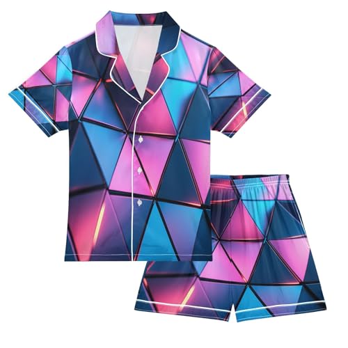 Satin Pajama Sets Short Sleeve Triangular Architectural Button Down Silky Nightwear 2 Piece PJS 5-14Y