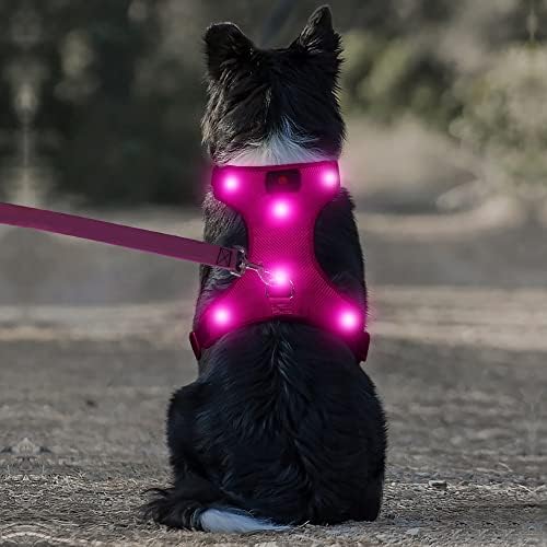 DOMIGLOW LED Dog Harness Easy Control Light Up Dog Harness with Adjustible Belt USB Rechargeable Dog Vest with Comfortable Padded for Your Medium Dogs(M, Pink)