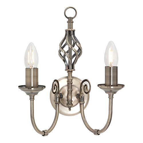 Image of Traditional Twin 2 Way Double Wall Light with a Classic Knot Twist Finished in Antique Brass - LED Compatible