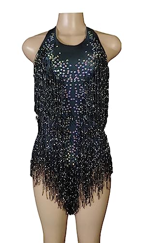 Sparkly Crystals Fringes Bodysuit Sexy Tassel Leotard Jazz Dance Costume One-Piece Stage Wear Clothing Black S