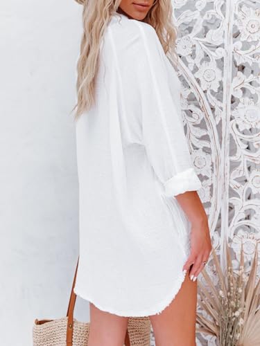 siliteelon Women's Button Down Tunic with Pockets Cotton Gauze Button Up Shirt Dress V Neck Long Sleeve Frayed Blouse Tops2