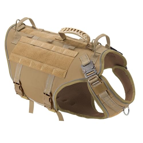 軍事戦術的な作業犬のトレーニングハンティングハーネスベストは、ラブラドール用のドイツの羊飼いのためのプル調整可能なナイロンドッグハーネスとリーシュセットなし,カーキ,l