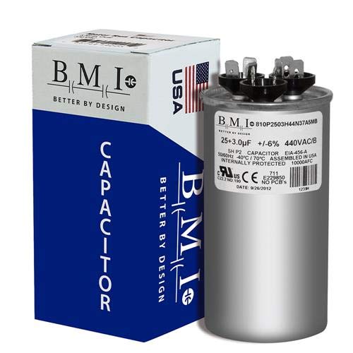 Amana CAP030250440RS Replacement - 25 + 3 uf/Mfd 370/440 VAC BMI Round Dual Universal Capacitor, Made in The U.S.A.