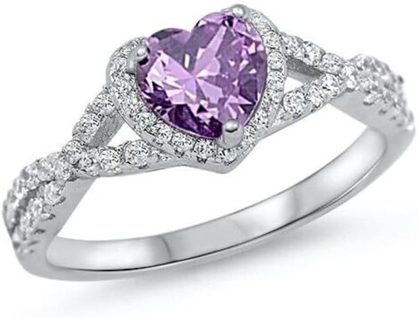 Omkar Creations 14K White Gold Plated 925 Sterling Silver Heart Cut Created Violet Amethyst and White Diamond Halo Wedding Engagement Ring (1.80 CT)