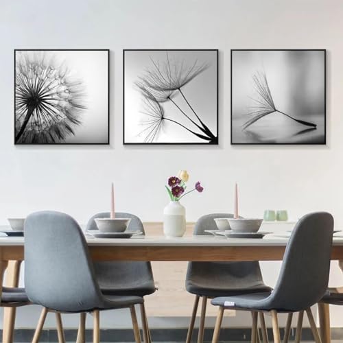 Peinture sur toile de fleur de pissenlit noir et blanc 70x70 cm triptyque salon