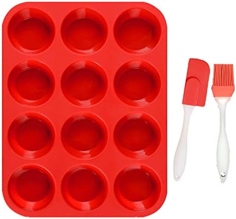 12 Cup Cupcake Baking Pan and Spatula ,Nonstick Silicone Muffin Pan Reusable, Cake molds Baking Muffins Molds for Muffin Tins Bakeware Breads Desserts (1 pack/Red)