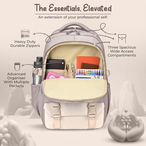 Image of Gear Grace 19 inch /40L Large Water Resistant School Bag | Casual Backpack | Daypack | Travel Backpack | Kids Bag for Boys /Girls (Brown - Cream)