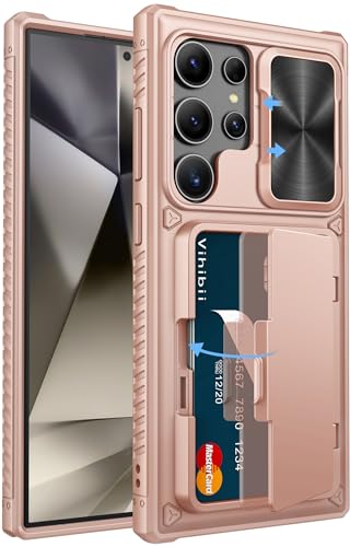 Image of Vihibii PC For Samsung Galaxy S24 Ultra Back Cover With Slide Camera Cover & Card Holder (4 Cards) & Kickstand, Hard Case For Galaxy S24 Ultra, Rose Gold