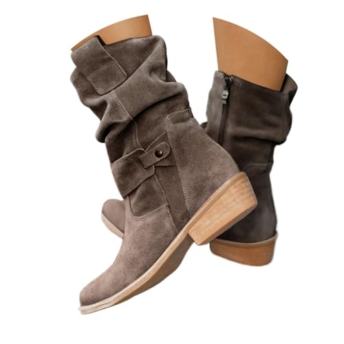 2025 Winter Casual Suede Round Toe Booties Comfortable Shoes with Side Zipper Buckle Strap Winter Booties 2025 Vintage Dressy Shoes3