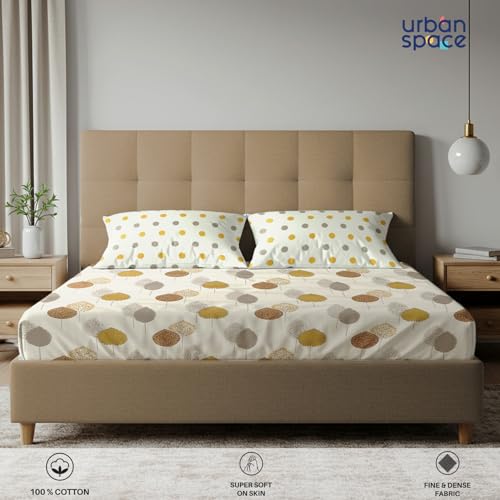 Image of Urban Space Serene 200 TC 100% Cotton Bedsheet for Double Bed, Queen Size Bed Sheet with 2 Pillow Covers Floral(Drops Mustard, Size 88 x 100 inches)