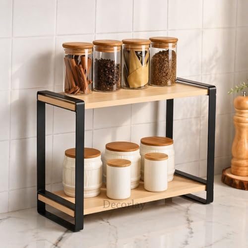 Image of Decorlay Metal & Wooden Spice Rack Organizer Space Saver Step Shelf Counter-Top Storage For Kitchen, Tabletop, Floor Standing Bathroom, Office, And Cosmetics (Black + Beech, Two - Tier)