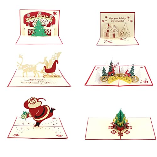 6PCS 3D Pop Up Weihnachtskarten Frohes Neues Jahr Karten Geschenkkarten Grußkarten für Weihnachten(Weihnachtsbaum/Weihnachtsmann/Hirschkarren/Socke/Schloss/Wald Design) Cover