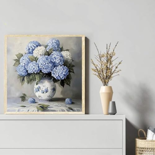 Image of KYOQFVN Flowers Stamped Cross Stitch Kits - Hydrangea Counted Cross Stitch Kits for Beginners, Needlepoint Cross-Stitch Patterns Embroidery Kits for Home Decor 14x14 Inch