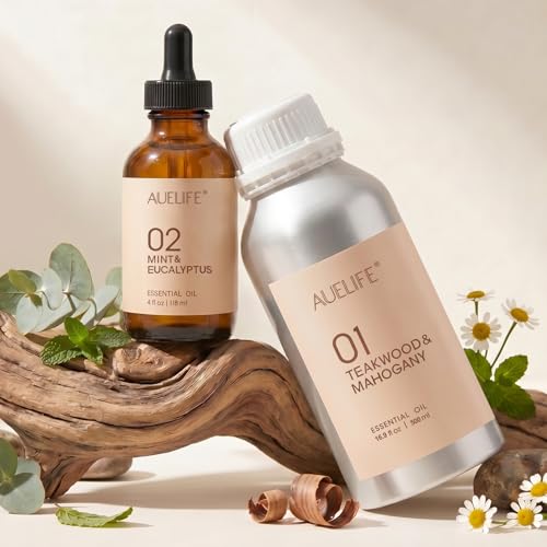 Image of Auelife 16.9oz (500 ml) Teakwood & Mahogany Essential Oils for Diffusers for Home, Large Aluminum Bottle Fragrance Oil for Candle & Soap Making, Aromatherapy Oil for DIY Scents & Home Fragrance