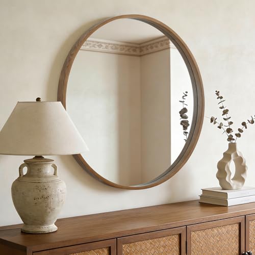 Image of WallBeyond Round Wood Mirror, 32 inch Round Modern Decoration Large Circle Wall Mirror for Bathroom Living Room Bedroom Entryway, Walnut