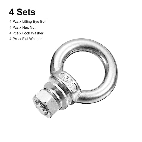 Image of uxcell Lifting Eye Bolt, 4 Sets M8x15mm Eye Bolt with Nut Washer 304 Stainless Steel Shoulder Lifting Ring Eye Bolt for Hanging Item