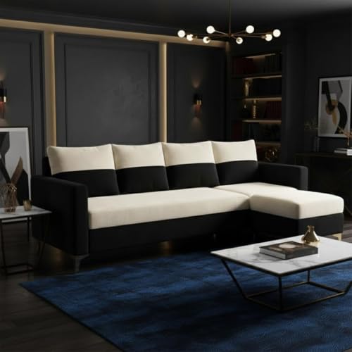 Image of FURNY Canvora 5 Seater L Shape Sofa Set with Movable Ottoman | Flexible Left or Right Layout | Plush Velvet Fabric (Cream-Black) | Perfect for Living Room & Guest Room