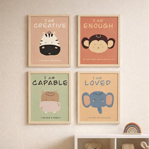Image of Rousrie Motivational Animals Framed Painting For Kids Posters for Room Decoration, Set of 4 Black Frame Art Prints, Baby Posters for Living Room, A4 Size