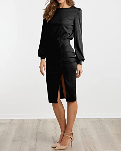 Wiciwi Women Casual Dresses 2023 Long Sleeve Crewneck High Waist Ribbed Knit Ruched Slim Fit Slit Plain Bodycon Dress(Solid Black,Small) #TOP7