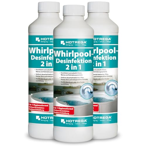 HOTREGA Whirlpool-Desinfektion 2in1 3x 500 ml | Whirlpool Reiniger | desinfiziert, reinigt, entkalkt | Kraftvoll gegen Kalk Bakterien Viren & Gerüche HOTREGA Whirlpool-Desinfektion 2in1 3x 500 ml | Whirlpool Reiniger | desinfiziert, reinigt, entkalkt | Kraftvoll gegen Kalk Bakterien Viren & Gerüche