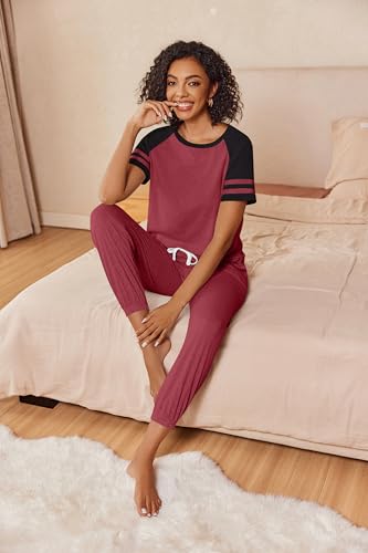 Image of Ekouaer Lounge Sets for Women Two Piece Pajama Set Short Sleeve Crewneck Jogger Outfits and Sweatpants Tracksuit