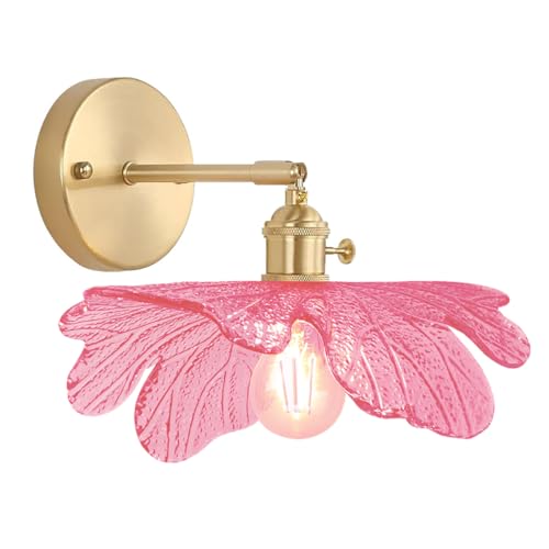 Image of Pink Bathroom Light Fixture Flower Glass Shade 1-Lights Vintage Vanity Light 90 Adjustable Gold Brass Wall Sconce Over Mirror E26 Base Mid Century Modern Wall Lamp Bedroom Bedside