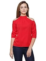Indietoga Women's Cold Shoulder Choker Neck Crepe Tops (Medium to Plus Sizes 7XL) (Medium, Red)