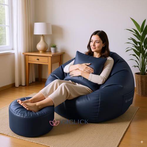 Image of 4XL Bean Bag Cover with Foot Stool & Cushion Cover | Premium PVC Leatherette | Double Stitched | 6 Months Warranty (Beans Required) Color- (Navy Blue)
