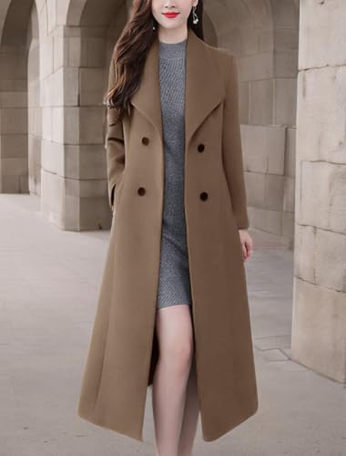 Image of chouyatou Women's Maxi Long Wool Blend Pea Coat Shawl Collar Double Breasted Winter Trench Coat Overcoat