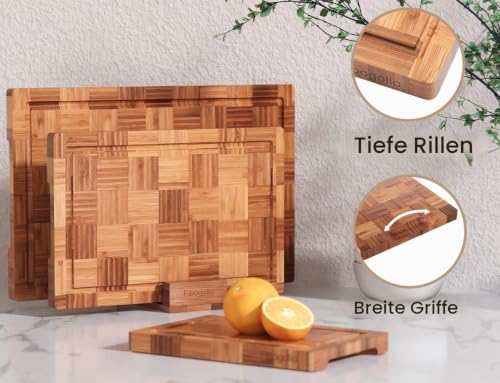 Fibogollo 3er Set Bambus Schneidebretter,2cm dicke Schneidebrett Küche mit Saftrille und Bracket,Brotbretter und Servierbretter,Bretter Kuche Groß Mittel und Klein – Bild 3