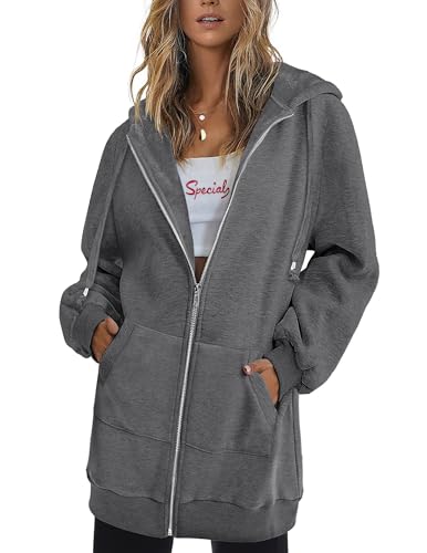 Zeagoo Women's Zip Up Hoodies Long Fleece Tunic Sweatshirts Casual Oversized Fall Coats Trendy Winter Hoodie 2025,Dark Grey,Large
