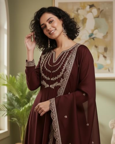 Image of Yashika Women's Silk Blend Embroidered Anarkali Kurta Set with Dupatta | Full Length Ethnic Wear for Women | Wedding