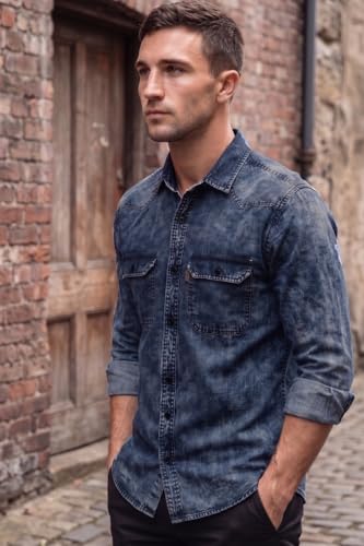 Image of Louis Philippe Men's Slim Fit Classic Denim Wash Stylized Fashion Full Sleeve Casual Shirt