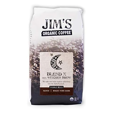Jim’s Organic Coffee – Blend X AKA Witches Brew – Whole Bean, Very Dark Roast, Bold, 11 oz Bag Cover