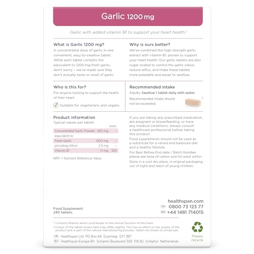 Healthspan Knoblauch | 1.200 mg | Unterstützt Herzgesundheit, Atmungssystem & Cholesterinspiegel | Zusätzlich Vitamin B1 | Geruchskontrolliert & Leicht zu Schlucken | Vegan | 120 Tabletten