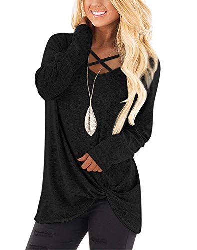 NIASHOT Womens Sweaters Long Sleeve Twist Knot Hem Crisscross V-Neck Tops Black M