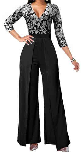 SxClub Elegant Jumpsuits for Women Cocktail Party Slivery 3/4 Sleeve Overlay Patchwork Long Straight Pants Club Rompers with Zipper (XX-Large)