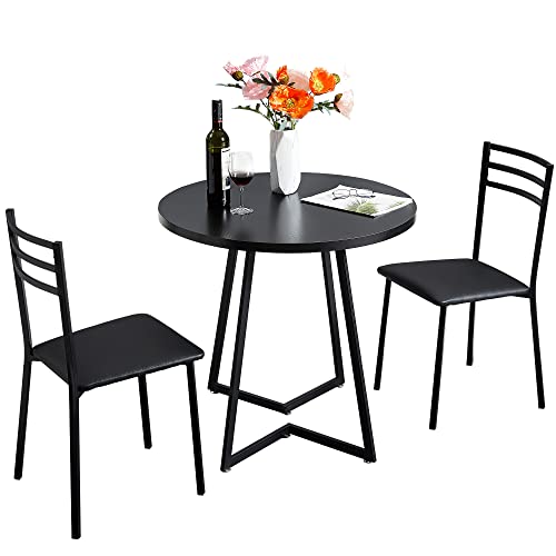 Image of VECELO 3 Piece Wood Round Dining Table Set with Cushioned Chairs, Modern Counter Height Dinette for Kitchen Breakfast Nook Living Room Small Space, Black