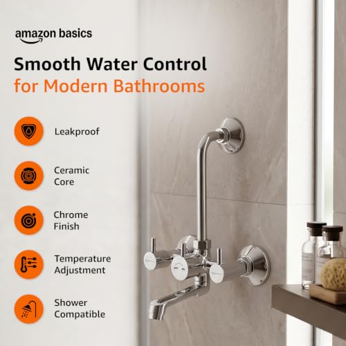 Image of Amazon Basics Wall Mixer | Dual Flow Type | ABS Plastic Body with Ceramic Disc Cartridge and L-Bend Provision | 1 /2 BSP Inlet | Bathroom Use [Chrome]