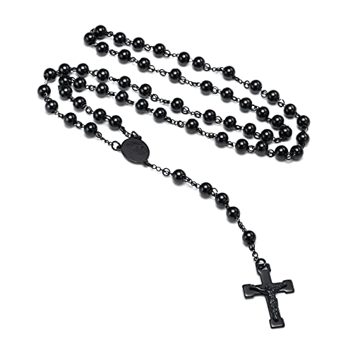 VNOX Rosary Cross Necklace for Men Women,Long Rosary Beads Catholic Cross Y Necklace with Crucifix Cross Virgin Mary Medal Pendant,6mm Bead,Black