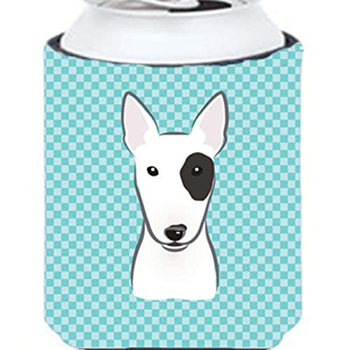 Caroline's Treasures BB1147CC Checkerboard Blue Bull Terrier Can or Bottle Hugger Cooler Washable Drink Sleeve Collapsible Beverage Insulated Holder, Can Hugger, Multicolor