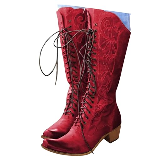 Victorian Boots for Women 70s Vintage Lace Up Mid Calf Boots Halloween Almond Toe Comfortable Chunky Block Heels Womens Dressy Fall Winter Cone Low Heel Cosplay Witch Booties Costume Shoes